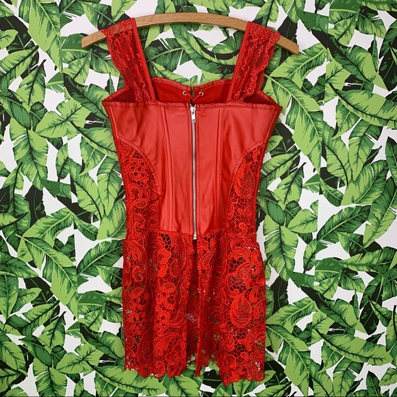 💋 Sexy Red Lace and Faux Leather Lace Up Corset Top Short Dress - Picture 2 of 8